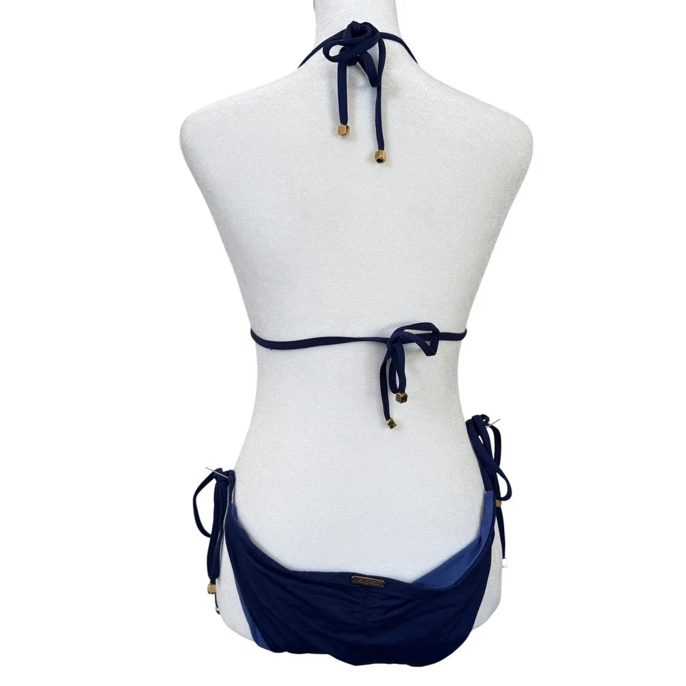 Lady Lux Navy Rhinestone Ring Bikini Set Y2K Halter‎ Tie Sides Made USA Coquette